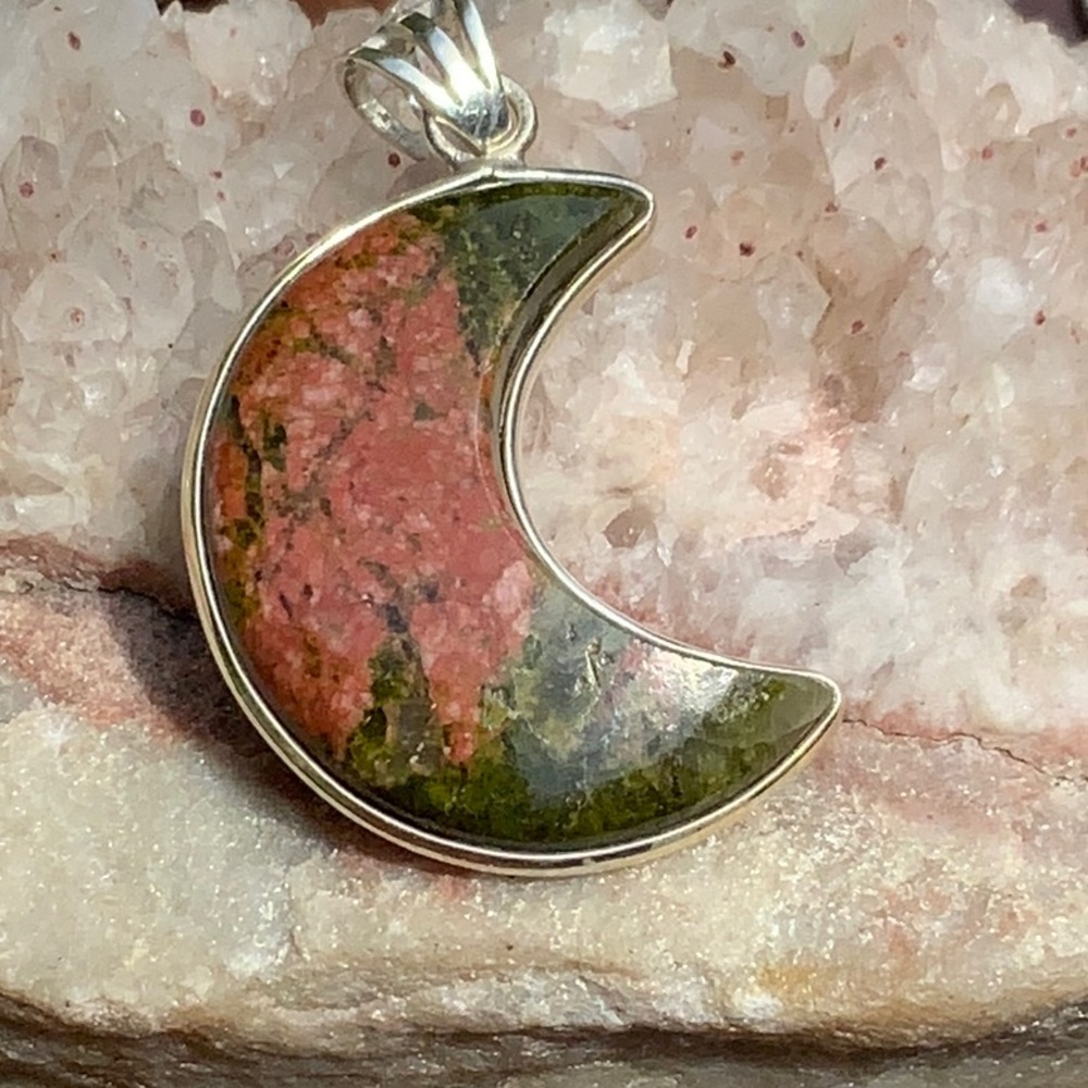 UNAKITE CRESCENT MOON 925 STERLING SILVER PENDANT